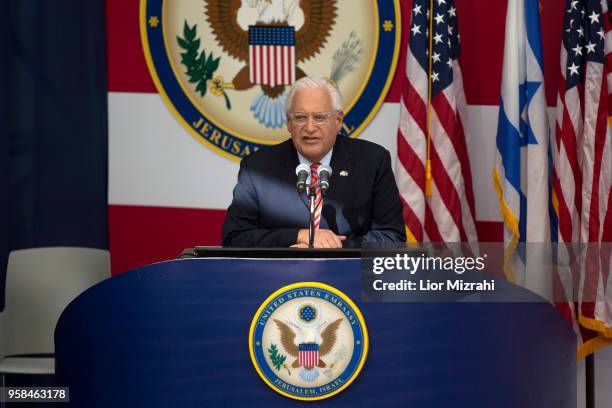 Ambassador to Israel David Friedman speaks on stage on during the opening of the US embassy in Jerusalem on May 14, 2018 in Jerusalem, Israel. US...