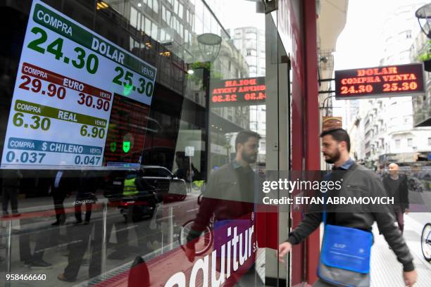 Currency exchange values are displayed in the buy-sell board of a bureau de exchange in Buenos Aires, on May 14, 2018. - Argentina's peso plummeted...