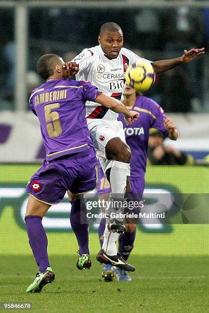 Alessandro Gamberini of ACF Fiorentina in action against Marcelo Zalayeta of Bologna FC during the Serie A match between Fiorentina and Bologna at...