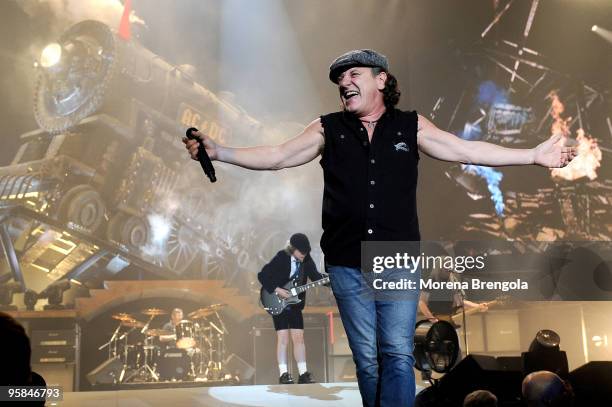 Brian Johnson and Angus Young of AC/DC perform at Datch forum on March 19, 2009 in Milan, Italy.