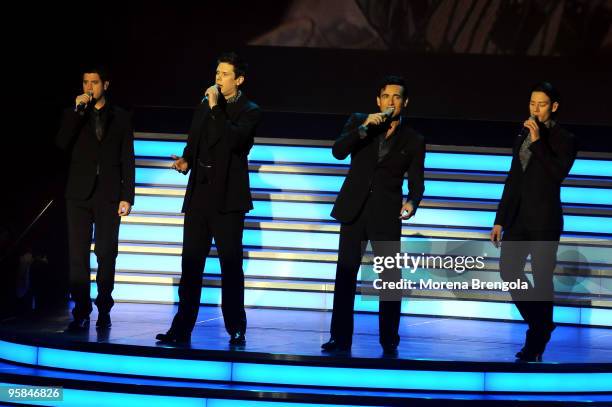 Sebastien Izambard, David Miller, Carlos Marin and Urs Buhler of the band II Divo perform on stage at Arcimboldi's Theatre on March 23, 2009 in...