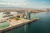 Barcelona aerial, skyline panorama and the beach on sunny afternoon, Spain
