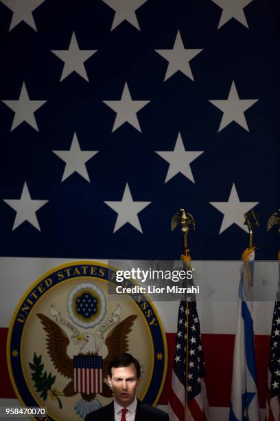 Senior White House Advisor Jared Kushner speaks on stage during the opening of the US embassy in Jerusalem on May 14, 2018 in Jerusalem, Israel. US...