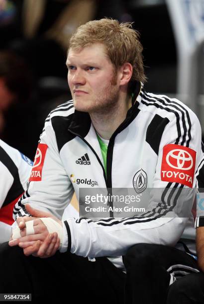 Goalkeeper Johannes Bitter of Germany watches the international handball match between Germany and Brazil at the SAP Arena on January 13, 2010 in...
