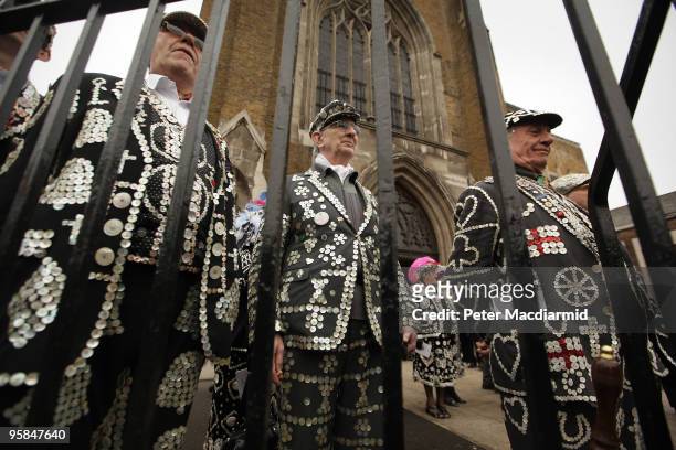 Pearly Kings and Queens line up outside St George's Cathedral after the funeral of London town crier Peter Moore after a requiem mass on January 18,...