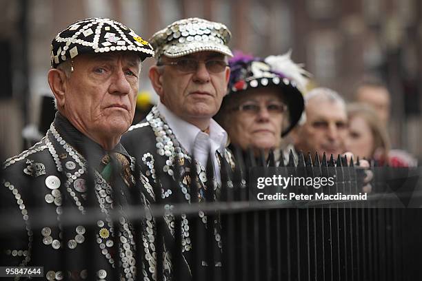 Pearly Kings and Queens line up outside St George's Cathedral after the funeral of London town crier Peter Moore after a requiem mass on January 18,...