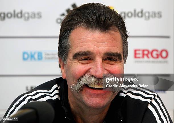 German handball national coach Heiner Brand smiles during a news conference on January 18, 2010 in Innsbruck, Austria. The European Handball...