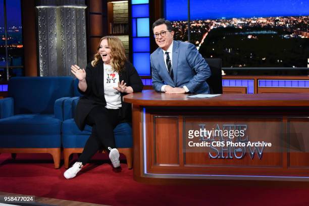 The Late Show with Stephen Colbert and guest Melissa McCarthy during Friday's May 11, 2018 show.