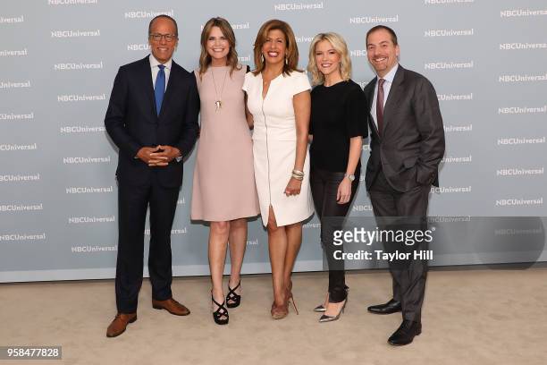 Lester Holt, Savannah Guthrie, Hoda Kotb, Megyn Kelly, and Chuck Todd attend the 2018 NBCUniversal Upfront Presentation at Rockefeller Center on May...