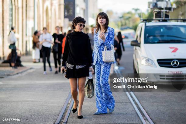 Model Georgia Fowler wearing a blue suit, pearl jacket during Mercedes-Benz Fashion Week Resort 19 Collections at Carriageworks on May 14, 2018 in...