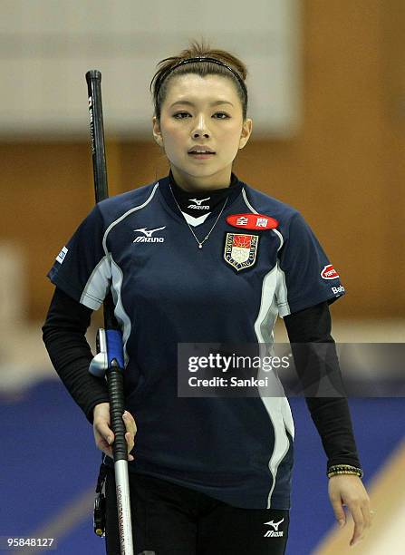 Mari Motohashi of Team Aomori competes during the Vancouver Olympic Qualifier match between Team Aomori and Team Nagano at Aomori City Sports Hall on...