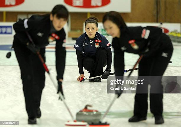 Mari Motohashi of Team Aomori competes during the Vancouver Olympic Qualifier match between Team Aomori and Team Nagano at Aomori City Sports Hall on...