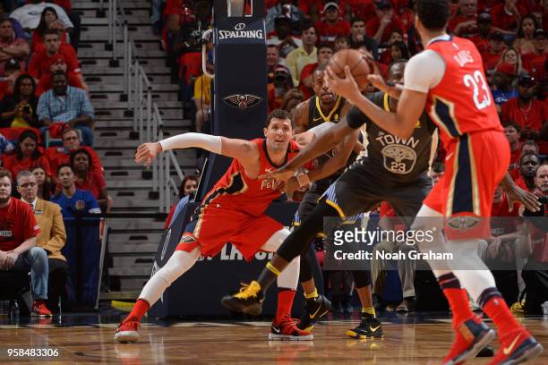 Nikola Mirotic of the New Orleans Pelicans defends against the Golden State Warriors during Game Four of the Western Conference Semifinals of the...