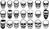 Set of human skull illustrations on white background. Design element for label, emblem, sign, , poster.