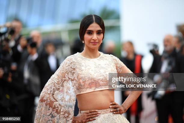 Indian actress Sonam Kapoor poses as she arrives on May 14, 2018 for the screening of the film "BlacKkKlansman" at the 71st edition of the Cannes...