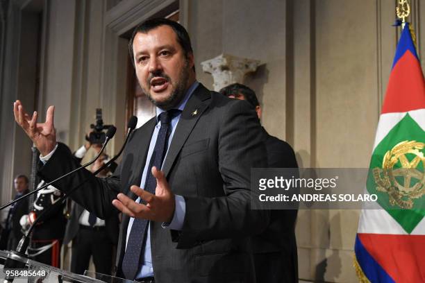Matteo Salvini, leader of the far-right party "Lega" speaks to the press after a meeting with Italian President Sergio Mattarella as part of...