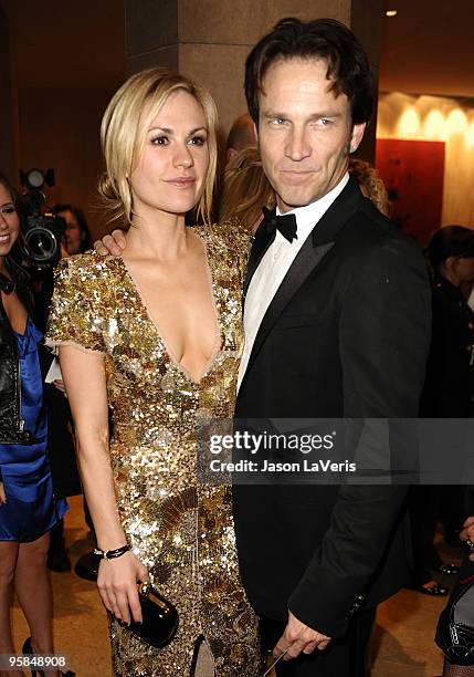 Actress Anna Paquin and actor Stephen Moyer depart the 67th annual Golden Globe Awards at the Beverly Hilton Hotel on January 17, 2010 in Los...