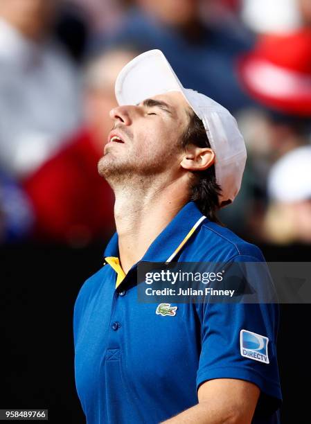 Pablo Cuevas of Uruguay looks to the sky in frustration in his match against Marco Cecchinato of Italy during day two of the Internazionali BNL...