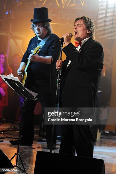 Roberto "Freak" Antoni and Fabio "Dandy Bestia" Testoni of Skiantos during "Scalo 76" TV Show on January 10, 2009 in Milan, Italy.