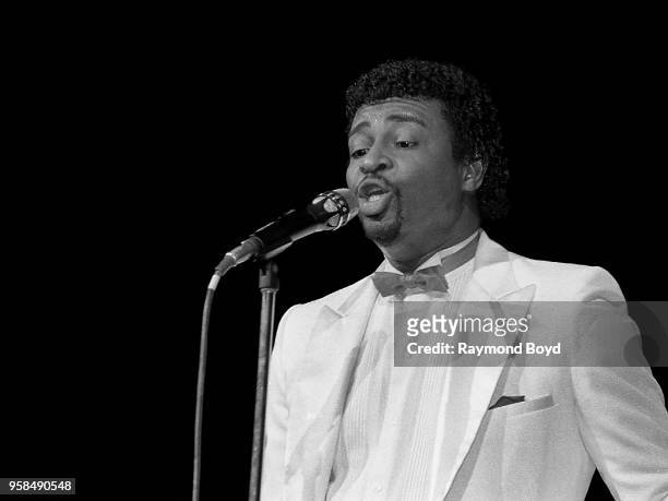 Singer Dennis Edwards performs at The Holiday Star Theatre in Merrillville, Indiana in 1984.