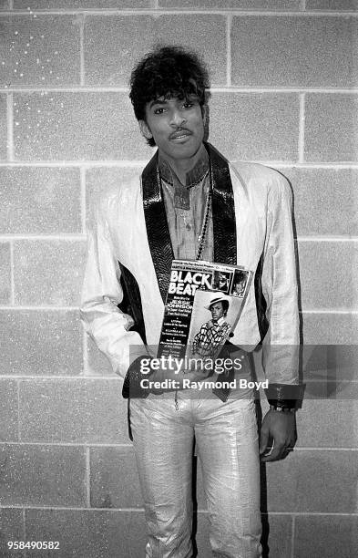 Singer Andre Cymone poses for photos backstage at the U.I.C. Pavilion in Chicago, Illinois in January 1985.