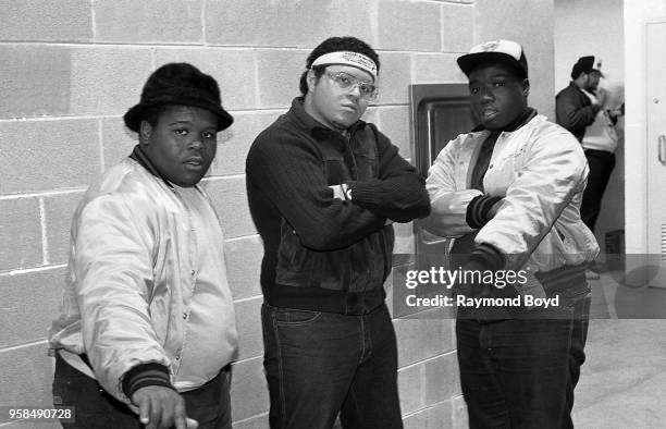 October 1984: Rappers The Human Beat Box , Prince Markie Dee and Kool Rock Ski of The Fat Boys poses for photos backstage during ‘The Swatch Watch...