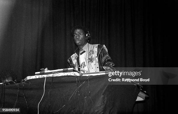 Deejay Grandmaster Flash from Grandmaster Flash and The Furious Five performs at the U.I.C. Pavilion in Chicago, Illinois in January 1985.