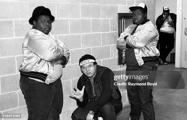 October 1984: Rappers The Human Beat Box , Prince Markie Dee and Kool Rock Ski of The Fat Boys poses for photos backstage during ‘The Swatch Watch...