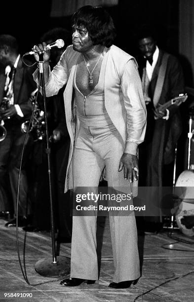Singer James Brown performs at the Bismarck Theatre in Chicago, Illinois in January 1985.