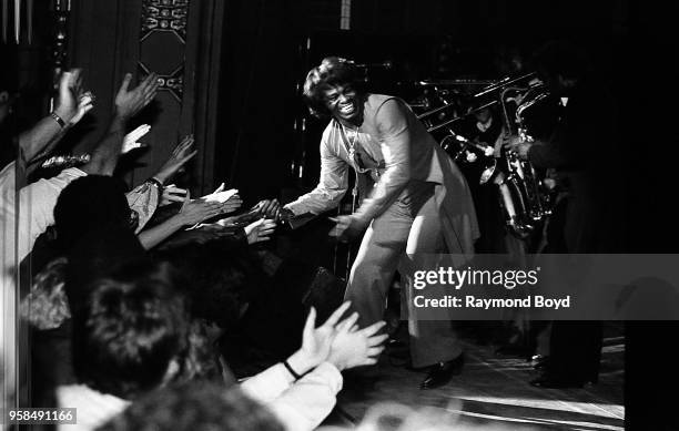 Singer James Brown performs at the Bismarck Theatre in Chicago, Illinois in January 1985.