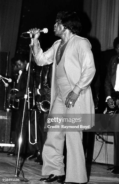 Singer James Brown performs at the Bismarck Theatre in Chicago, Illinois in January 1985.