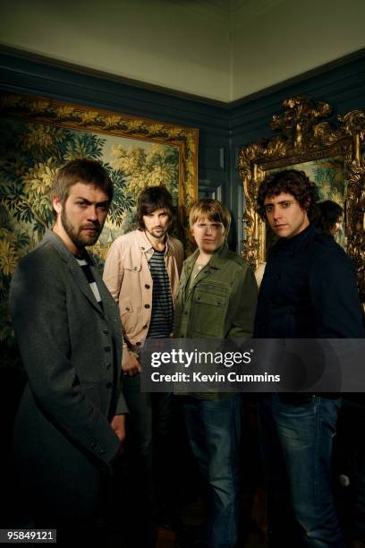 Posed group portrait of English band Kasabian. Left to right are Tom Meighan, Sergio Pizzorno, Chris Edwards and Christopher Karloff in Kensington,...