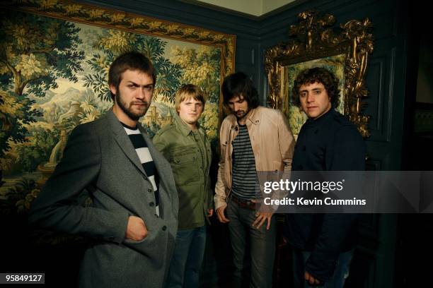 Posed group portrait of English band Kasabian. Left to right are Tom Meighan, Chris Edwards, Sergio Pizzorno and Christopher Karloff in Kensington,...