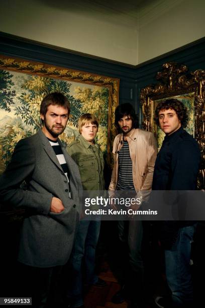 Posed group portrait of English band Kasabian. Left to right are Tom Meighan, Chris Edwards, Sergio Pizzorno and Christopher Karloff in Kensington,...