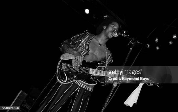 Musician Mark Adams from Slave performs at the International Amphitheatre in Chicago, Illinois in January 1982.