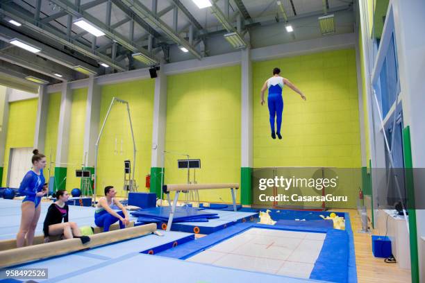 young adult gymnastics athletes practicing on trampoline - male gymnast stock pictures, royalty-free photos & images