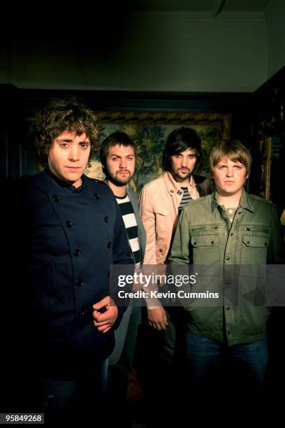 Posed group portrait of English band Kasabian. Left to right are Christopher Karloff, Tom Meighan, Sergio Pizzorno and Chris Edwards in Kensington,...