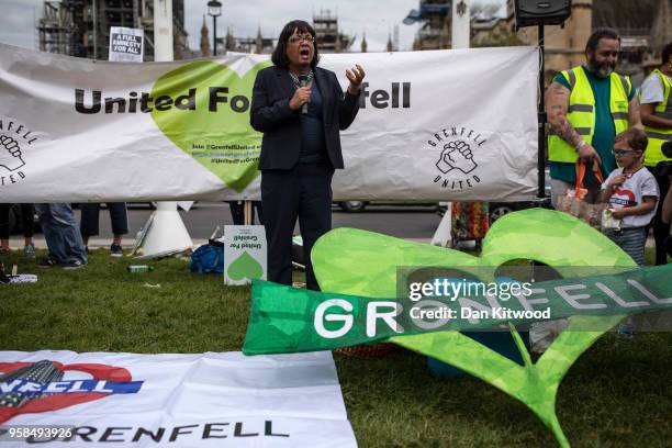 Labour Party Shadow Home Secretary, Diane Abbott speaks to demonstrators in Parliament Square as MP's debate ongoing concerns surrounding the...