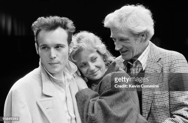 Adam Ant, Sylvia Syms and James Maxwell at a press conference for the Joe Orton play Entertaining Mr. Sloane at the Royal Exchange theatre in...