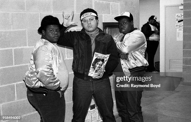 October 1984: Rappers The Human Beat Box , Prince Markie Dee and Kool Rock Ski of The Fat Boys poses for photos backstage during ‘The Swatch Watch...