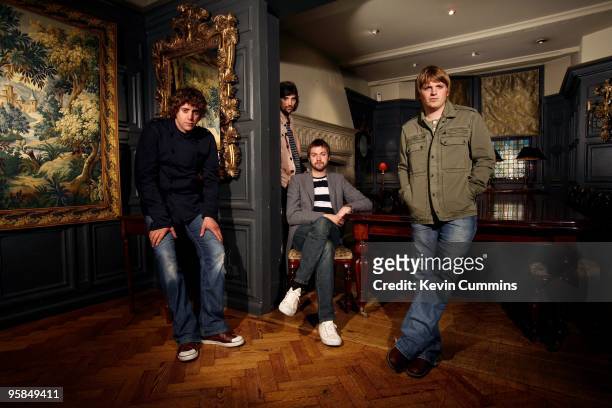 Posed group portrait of English band Kasabian. Left to right are Christopher Karloff, Sergio Pizzorno, Tom Meighan and Chris Edwards in Kensington,...