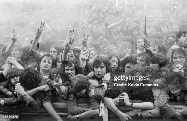 Metal fans in the front row at the Monsters of Rock Festival held in Donington Park, England on August 22, 1981.