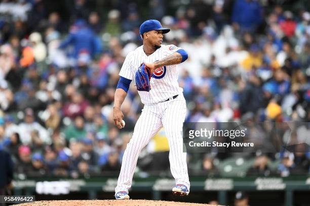 Pedro Strop of the Chicago Cubs throws a pitch during a game against the Chicago White Sox at Wrigley Field on May 11, 2018 in Chicago, Illinois. The...