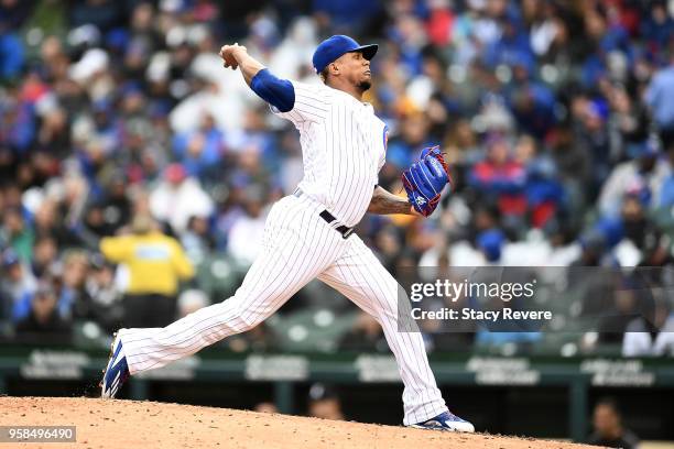 Pedro Strop of the Chicago Cubs throws a pitch during a game against the Chicago White Sox at Wrigley Field on May 11, 2018 in Chicago, Illinois. The...