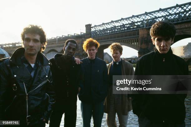 Group portrait of British band Simply Red. Left to right are Dave Fryman, Fritz McIntyre, Tony Bowers, Mick Hucknall and Chris Joyce in Manchester,...