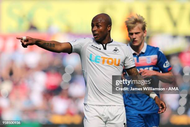 Andre Ayew of Swansea City during the Premier League match between Swansea City and Stoke City at Liberty Stadium on May 13, 2018 in Swansea, Wales.