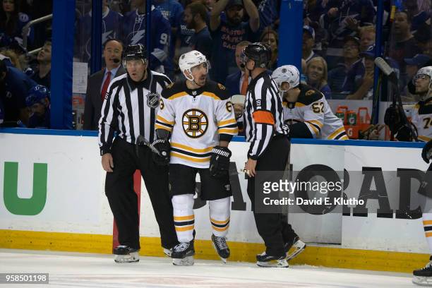 Boston Bruins Brad Marchand with referee Gord Dwyer during game vs Tampa Bay Lightning at Amalie Arena. Game 4. Tampa, FL 5/6/2018 CREDIT: David E....