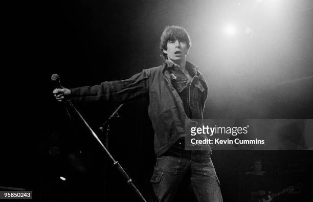 Singer Jimmy Pursey of British punk band Sham 69 performs on stage at the Apollo in Manchester, England on October 22, 1979.