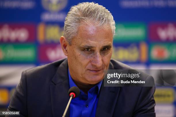 Brazilian national team coach Tite speaks during the announcement of the team's squad for 2018 FIFA World Cup Russia on May 14, 2018 at the...