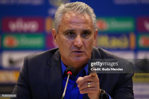 Brazilian national team coach Tite speaks during the announcement of the team's squad for 2018 FIFA World Cup Russia on May 14, 2018 at the...